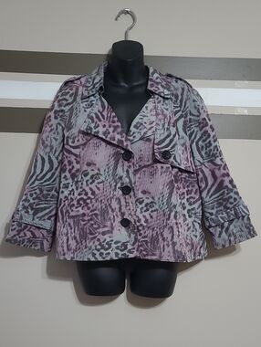 NWOT Nygard Collection Pink & Grey Animal-Print Cropped Trench Coat Sz 16P